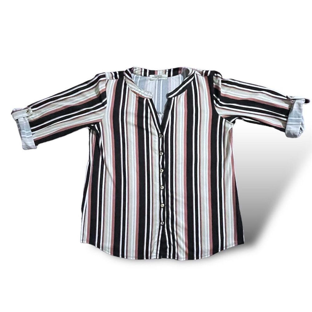 PerSeption Women's Striped V-Neck Blouse PM Multicolor 3/4 Sleeve Casual